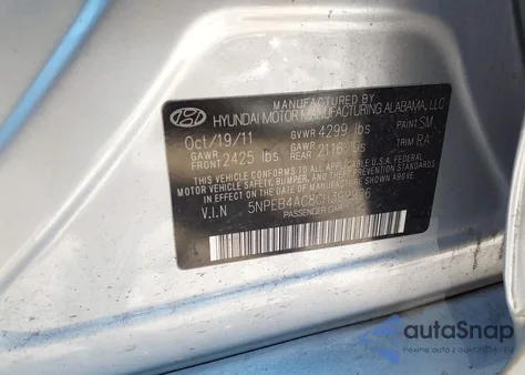 2012 Hyundai Sonata Gls z USA, uszkodzony, nr VIN 5NPEB4AC8CH399926